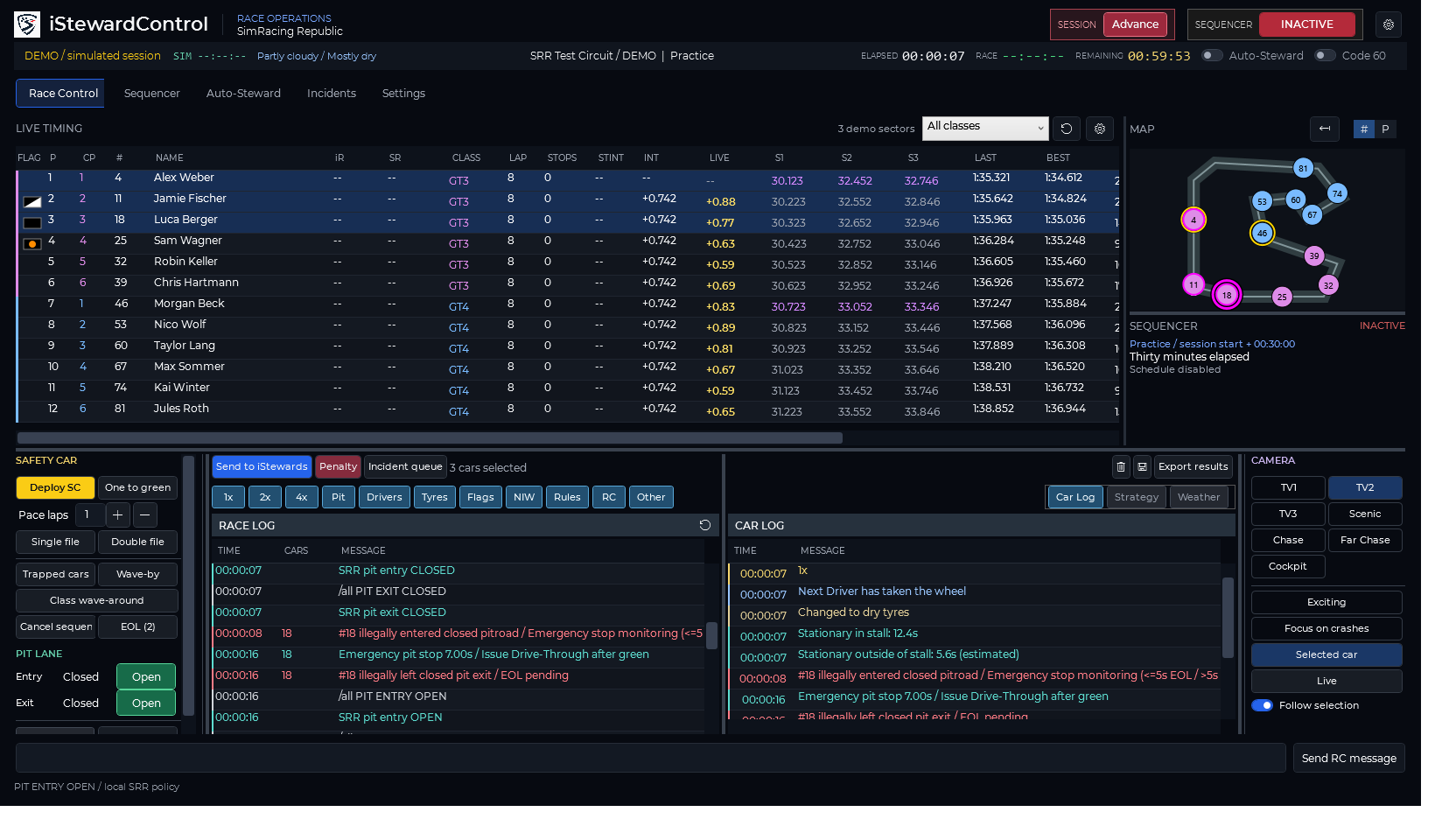 iStewardControl race-control session with timing tower, track map and incident logs